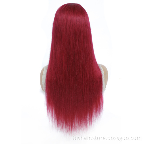 Wholesale Burgundy Red Human Hair Wigs With Bangs Brazilian Straight Non Lace Hair Wigs For Black Women Full Machine Made Wig